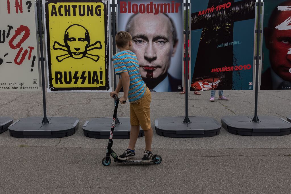 A boy visiting the Victory Day exhibition at the National Museum of the History of Ukraine in the Second World War in Kyiv. Photograph: Roman Pilipey/EPA