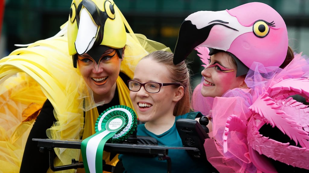 Performers from Artastic with Joanne O’Riordan (centre), who is to be grand marshal for this year’s St Patrick’s Festival parade in Dublin. Photograph: Robbie Reynolds