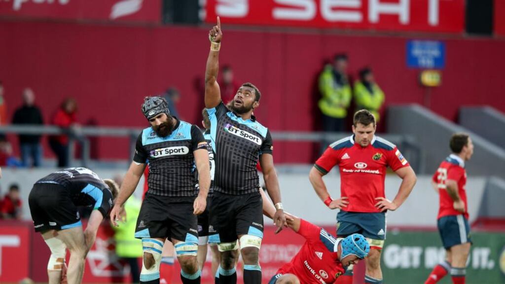 Glasgow Warriors’ Leone Nakarawa celebrates after defeating Munster at Thomond Park. Photograph: Inpho
