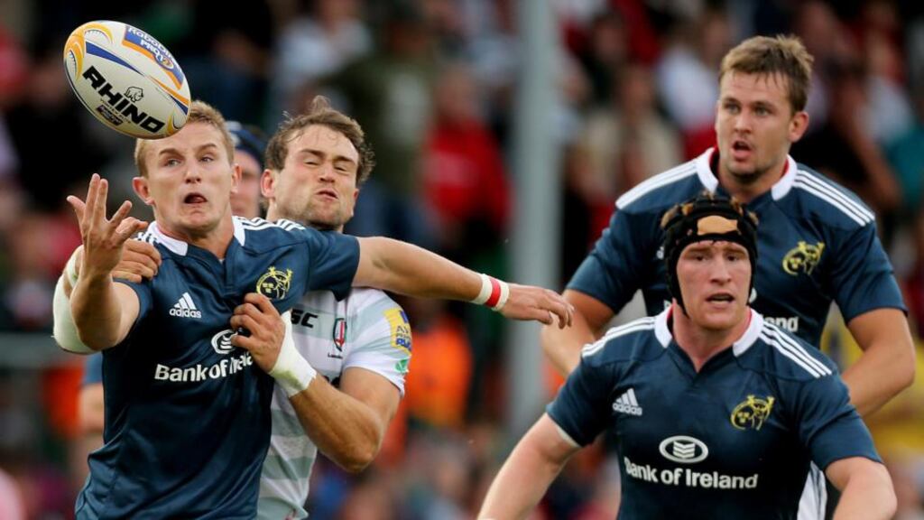 Munster’s Cian Cohane and Jonathan Fisher of London Irish compete for possession during the pre-season friendly at Musgrave Park in Cork. Photograph: James Crombie/Inpho