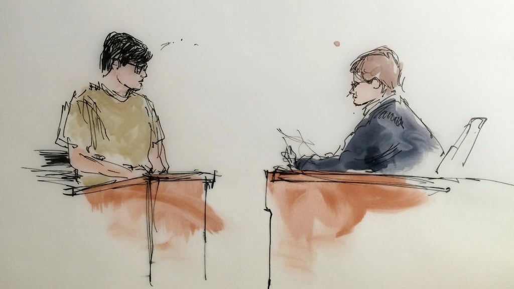 Enrique Marquez, left, is shown in this courtroom sketch as he appears during a hearing in federal court in Riverside, California. Photograph: Reuters