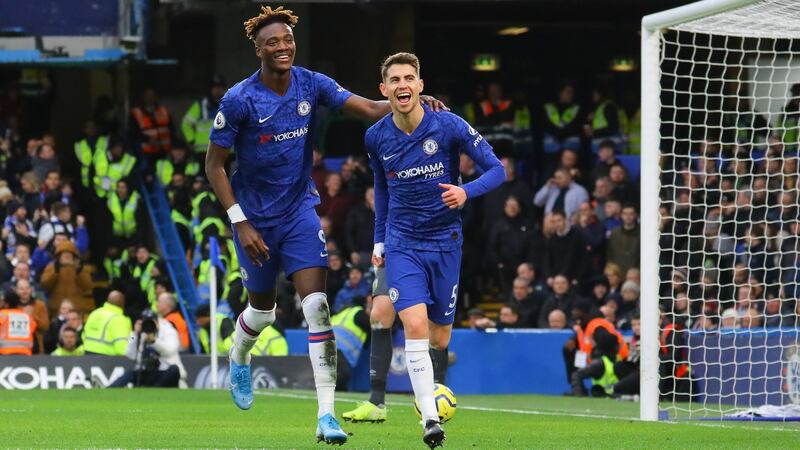 Jorginho celebrates scoring Chelsea’s opener against Burnley with Tammy Abraham. Photograph: Vickie Flores/EPA
