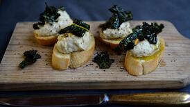 White bean crostini with oven-crisp kale