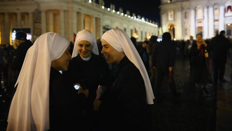 Excitement: nuns talk in St Peter’s Square after the newly elected pope appeared on the balcony of the basilica on Wednesday evening. Photograph: Dan Kitwood/Getty