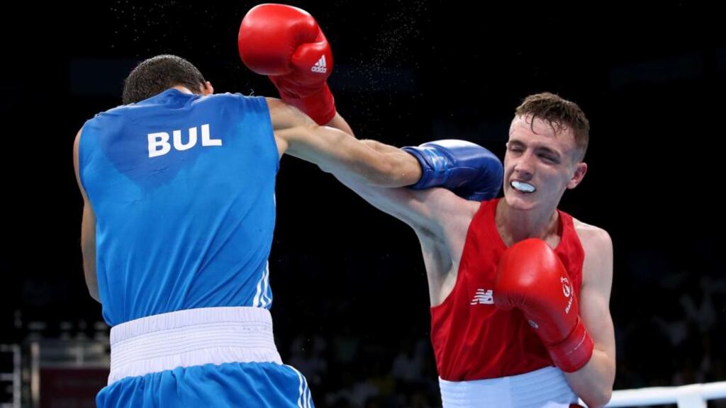 Ireland’s Brendan Irvine in action during his victory over Bulgarian Tinko Banabakov in the light flyweight last 16 clash in Baku, Azerbaijan. Photo: Ryan Byrne/Inpho