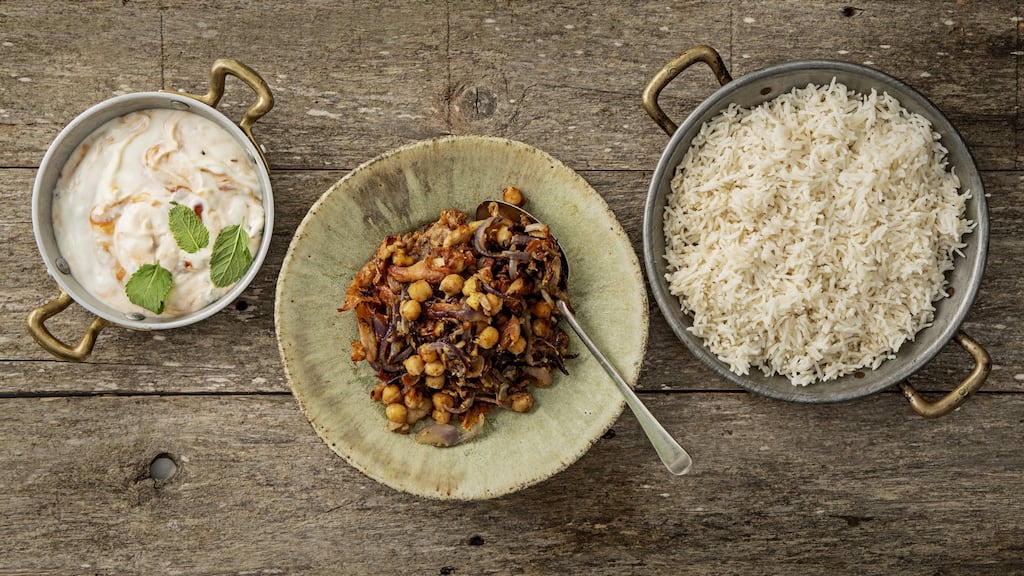 Baked rice, spiced frazzled chicken, chickpeas, mango yoghurt. Photograph: Harry Weir Photography