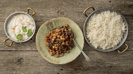 Baked rice, spiced frazzled chicken, chickpeas, mango yoghurt