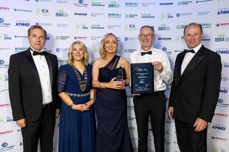 Simon McKeever and Gabrielle White, chief executive and president respectively of the Irish Exporters Association, Yvonne McCarron and Declan McCarthy of Atlanfish Ltd, winner in the seafood exporter of the year category, sponsored by Bord lasciagh Mhara, and Richard Donnelly, development and innovation services director, Bord Iascaigh Mhara. Photograph: Karl Hussey Photography