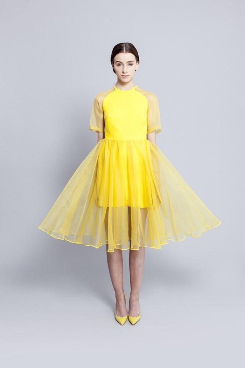 Yellow silk organza dress over skirt by ruedi