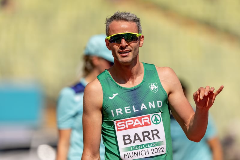 Ireland’s Thomas Barr celebrates winning his heat of the Men’s 400m hurdles. Photograph: Morgan Treacy/Inpho
