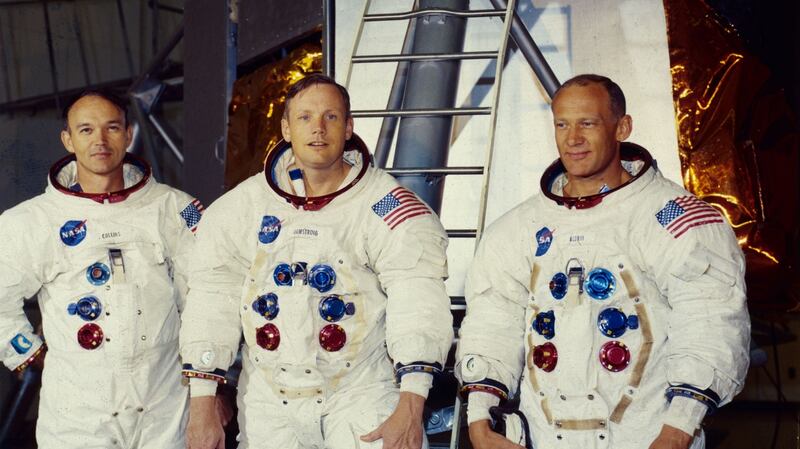 Astronauts Michael Collins, Neil Armstrong and Edwin ‘Buzz’ Aldrin, the crew of the lunar module Apollo 11, stand in front of a test module before their historic flight. Photograph: MPI/Getty