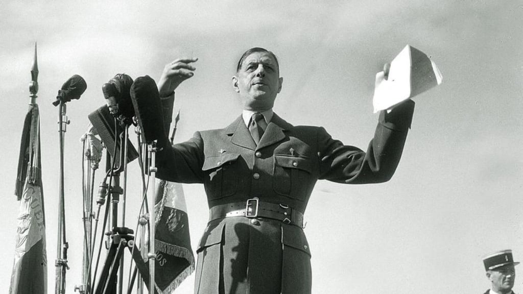 General Charles de Gaulle speaking in Bruneval, France, in March 1947. File photograph: Jean-Jacques Levy/AP