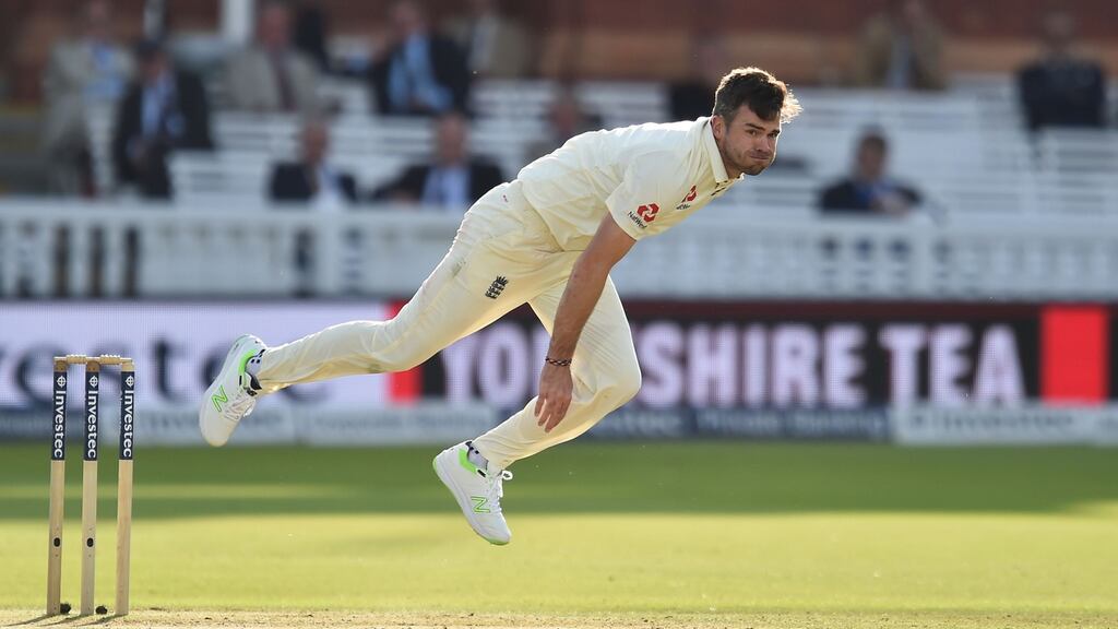 England’s James Anderson bowls Kraigg Brathwaite of the West Indies to claim his 500th Test wicket during the third Test at Lord’s. Photograph: Glyn Kirk/AFP/Getty Images