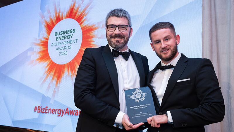 Conall Bolger, awards judge, presents the best energy achievement in life sciences award to Adam Kane, BusinessRiver, on behalf of Gilead Sciences Ireland