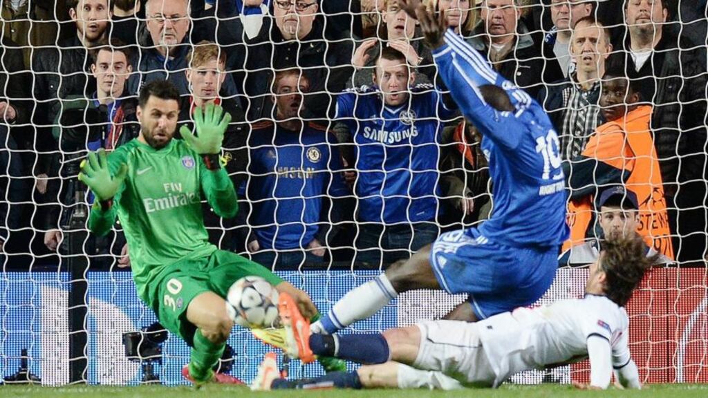 Demba Ba scores the late goal at Stamford Bridge that clinched victory for Chelsea over Paris Saint-Germain in their Uefa Champions League quarter-final. Photograph: Andy Rain/EPA