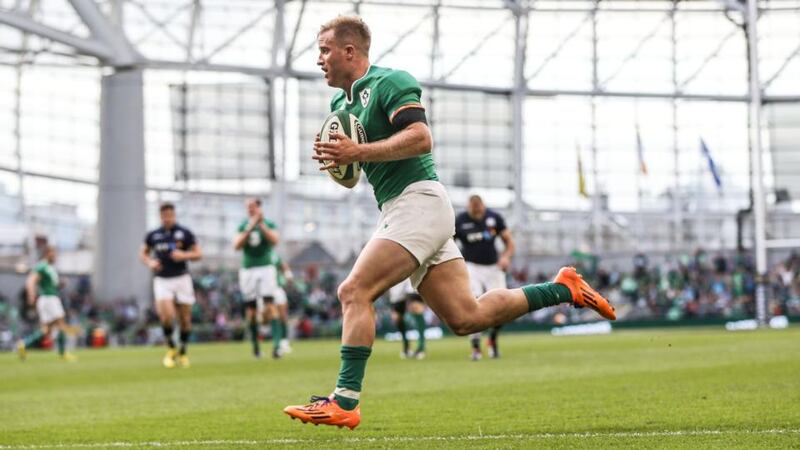 Winger Luke Fitzgerald runs in Ireland’s final try in the World Cup warm-up against Scotland at the Aviva Stadium. Photograph: James Crombie/Inpho
