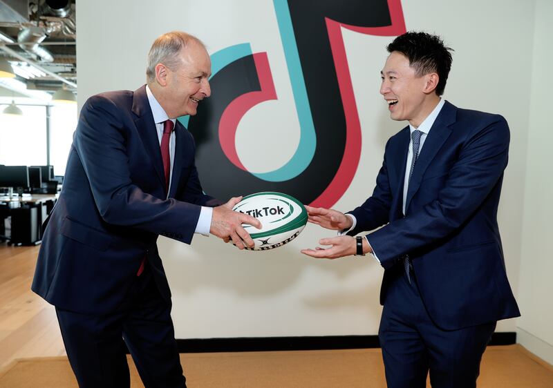 Taoiseach Micheál Martin meets TikTok’s Singaporean chief executive Shouzi Chew. Photograph: Maxwells Dublin