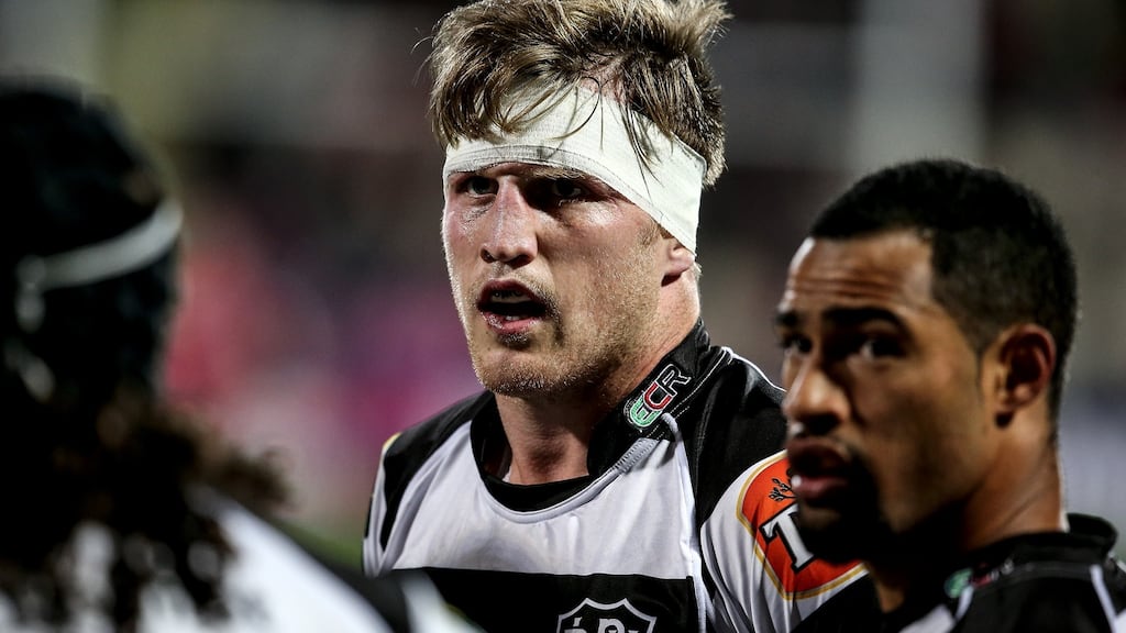 All Black Brendan O’Connor (centre) goes straight into the Leicester backrow. Photograph: Martin Hunter/Getty Images.