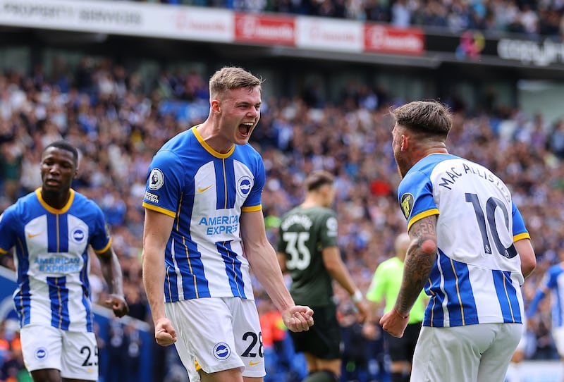 Evan Ferguson celebrates after scoring for Brighton against Southampton in May. Photograph: Richard Heathcote/Getty Images