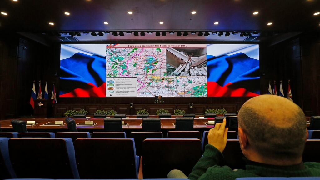 Lieutenant-general Sergei Rudskoi, a senior Russian defence ministry official,   talks to the media during a briefing on the fight against terrorism in Syria at in Moscow. Photograph: Yuri Kochetkov/EPA