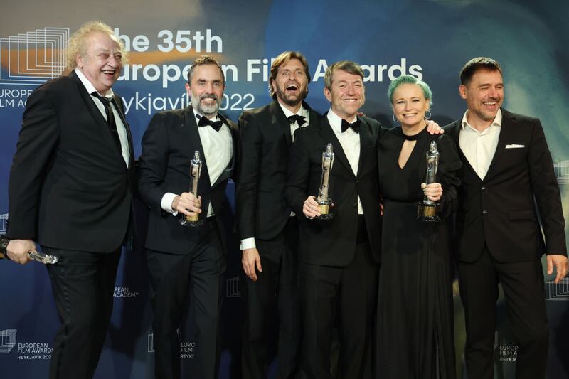 latko Burić, Erik Hemmendorff, Ruben Östlund, Philippe Bober, Vicki Berlin and a guest pose with the awards for Triangle of Sadness' during European Film Awards. Photograph: Vittorio Zunino Celotto/Getty Images