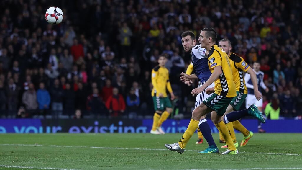 James McArthur heads home Scotland’s late equaliser in the World Cup qualifier against Lithuania at Hampden Park. Photograph: Ian MacNicol/Getty Images