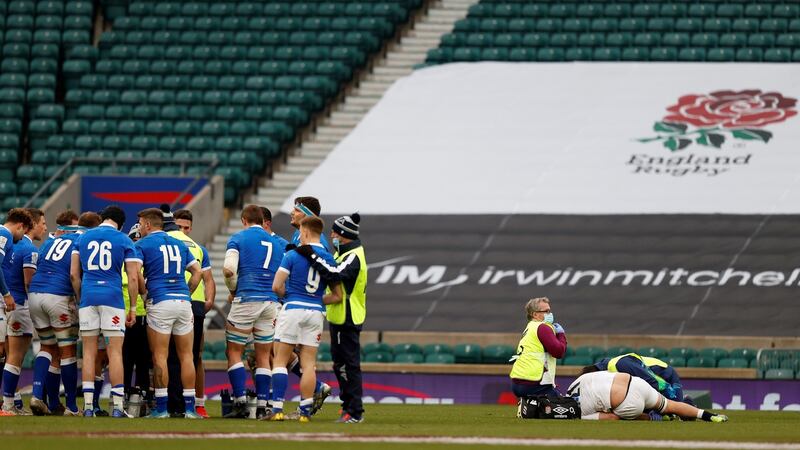 Jack Willis was stretchered off with a potentially serious injury. Photo: Adrian Dennis/AFP via Getty Images
