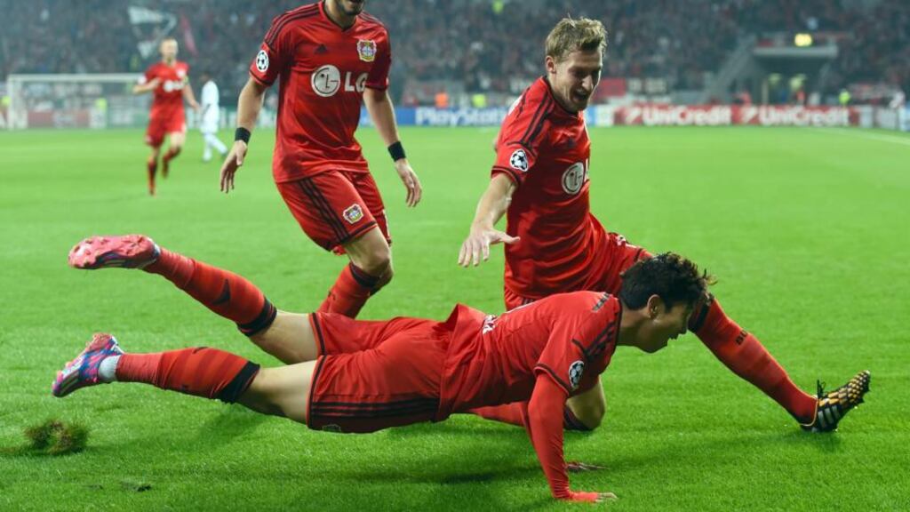 Heung-Min Son of Leverkusen celebrates after scoring his teams first goal during the UEFA Champions League Qualifying Play-Offs Round second leg match against FC Copenhagen. Photograph: Lars Baron/Bongarts/Getty Images