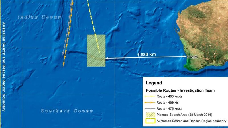 A handout image released by the Australian Maritime Safety Authority today shows the new search area in the Indian Ocean, west of Perth, Australia. Photograph: EPA