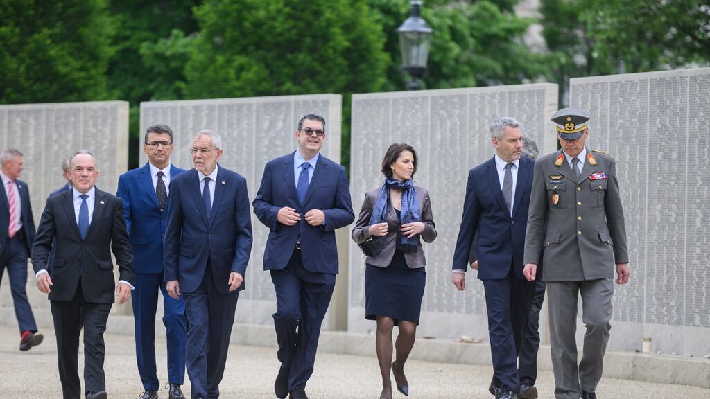 Austrian president Alexander Van der Bellen (3rd left), chancellor Karl Nehammer (2nd right), European affairs minister and Karoline Edtstadler (3rd right) at a wreath-laying ceremony commemorating the Allied victory against Nazi Germany in Vienna last week. Photograph: Christian Bruna/EPA