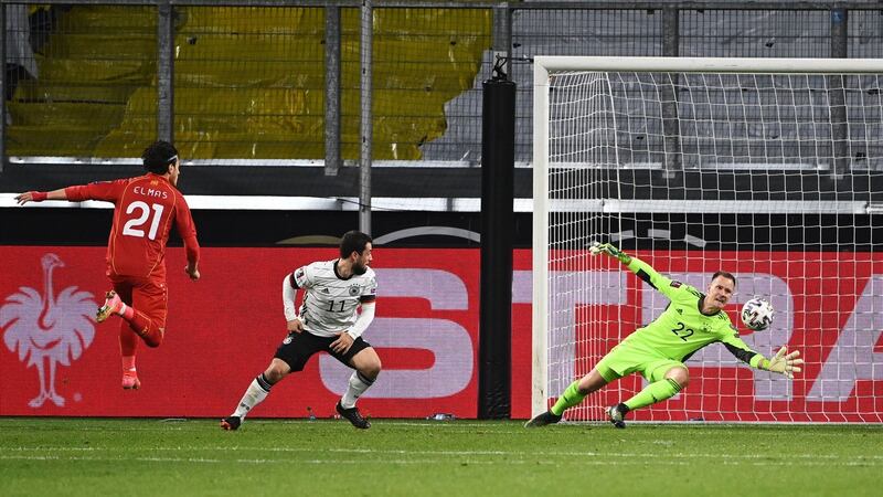 North Macedonia’s Eljif Elmas scores the winning goal in the World Cup qualifier against Germany in Duisburg. Photograph: Ina Fassbender/AFP via Getty Images