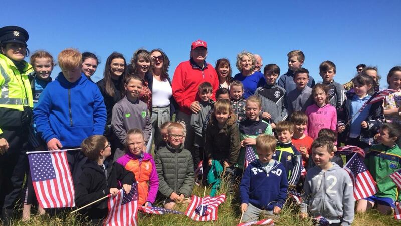 Donald Trump meets schoolchildren on his golf course in Doonbeg on June 7th. Photograph: Abbi Shanahan/Brian Shanahan