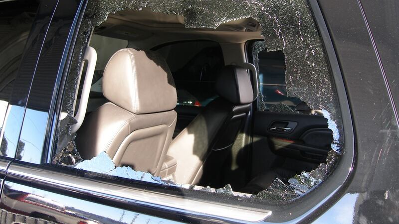 A broken window from the vehicle driven by Tiger Woods after  his accident in Orlando on Thanksgiving Day in 2009. Photograph:  Florida Highway Patrol via Getty Images