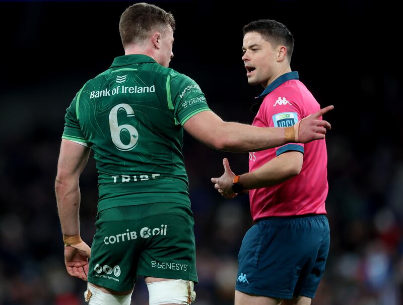 Referee Chris Busby and Connacht's Cian Prendergast at the Aviva Stadium. Photograph: James Crombie/Inpho