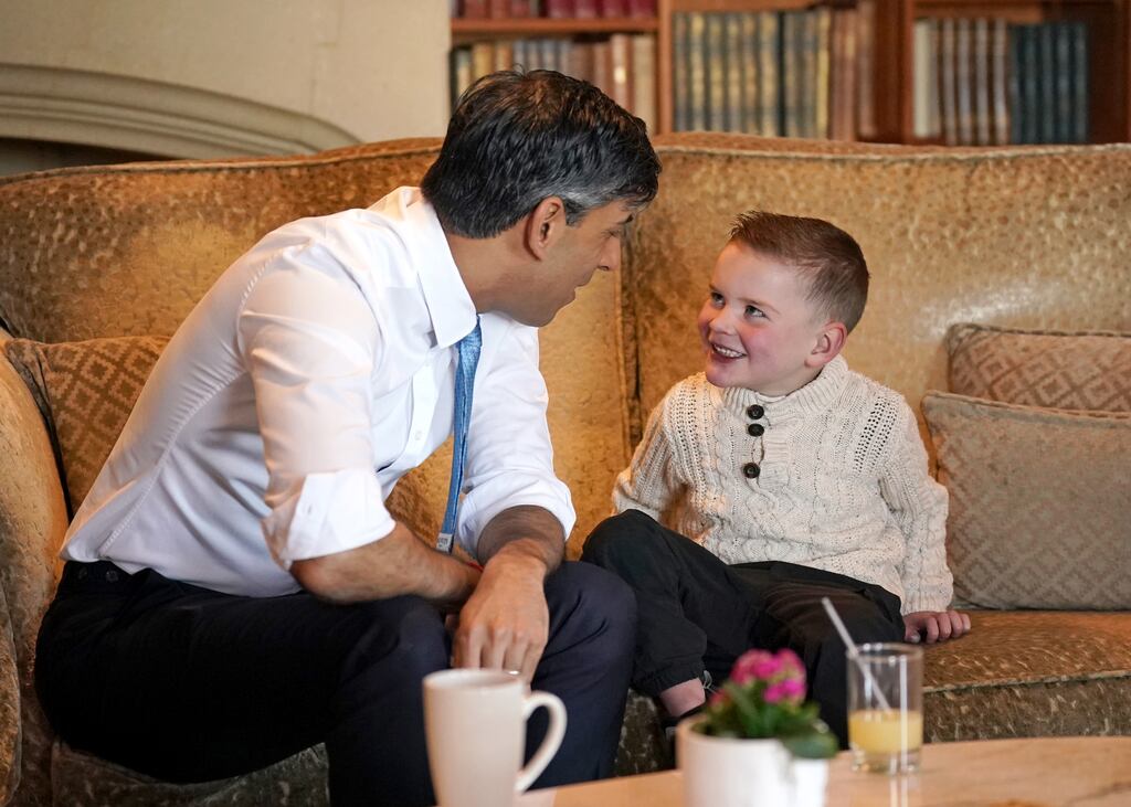 British prime minister Rishi Sunak with Dáithí Mac Gabhann at the Culloden Hotel in Belfast on Wednesday. Photograph: Niall Carson/PA Wire