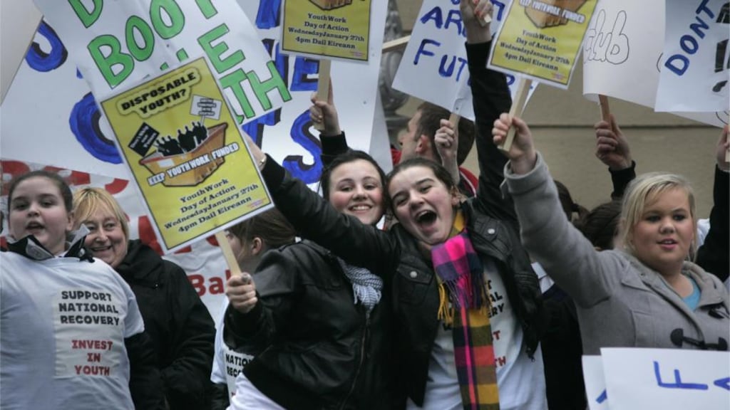 Young people aren’t apathetic , “they’re dismissive of the recycled establishment bull, just as much as all ages are” – 2010 protest by Dublin Focus on Youth, a coalition of youth projects/services to warn the Government against making any further cut to youth services. Photographer: Dara Mac Dónaill