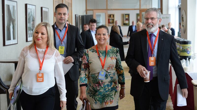 Gerry Adams with ’The Next Generation’ – Mary Lou McDonald, Pearse Doherty and Michelle O’Neill. Photograph: Dara Mac Dónaill