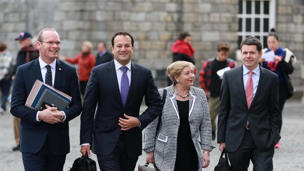 The Fine Gael negotiating team arriving in Trinity College – Simon Coveney, Leo Varadkar, Frances Fitzgerald and Pascal Donoghue. Photograph: Nick Bradshaw