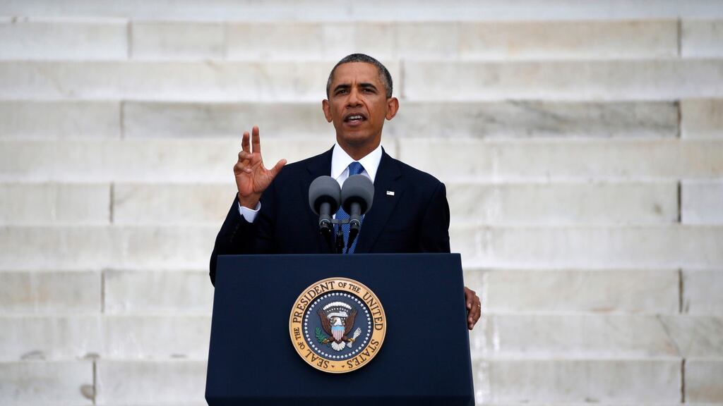 US president Barack Obama speaks during a ceremony marking the 50th anniversary of Martin Luther King Junior’s “I have a dream” speech on the steps of the Lincoln Memorial in Washington. Photograph: Jason Reed/Reuters
