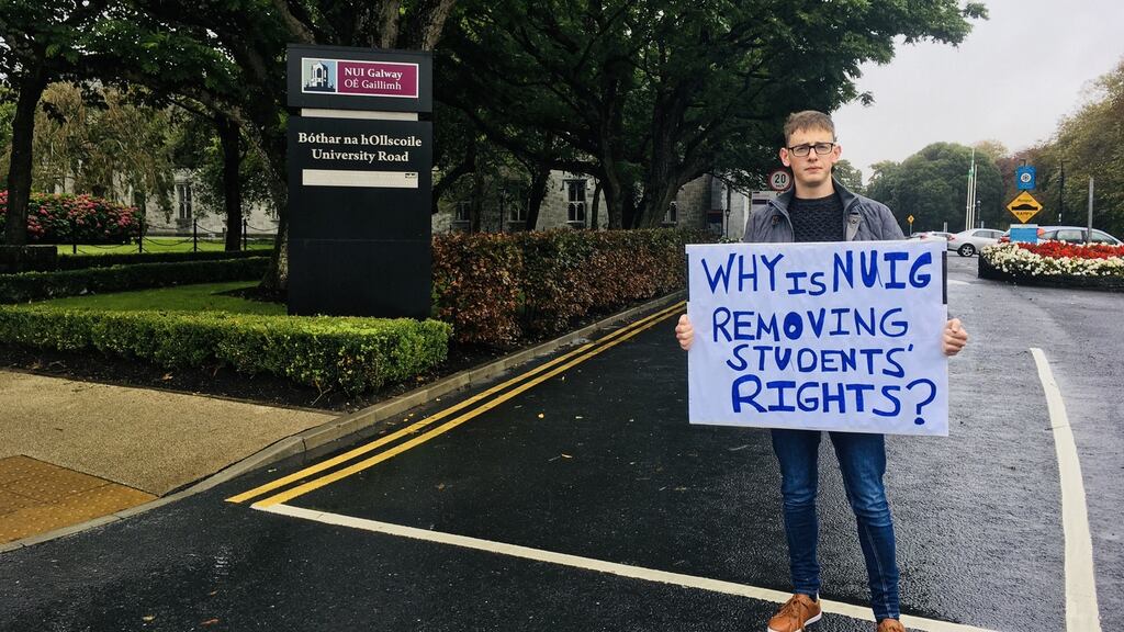 Final year NUI Galway law student Simeon Burke: “After reading the pledge, I became very concerned. I felt it undermined my rights as an NUI Galway student and threatened my freedom to think for myself.”