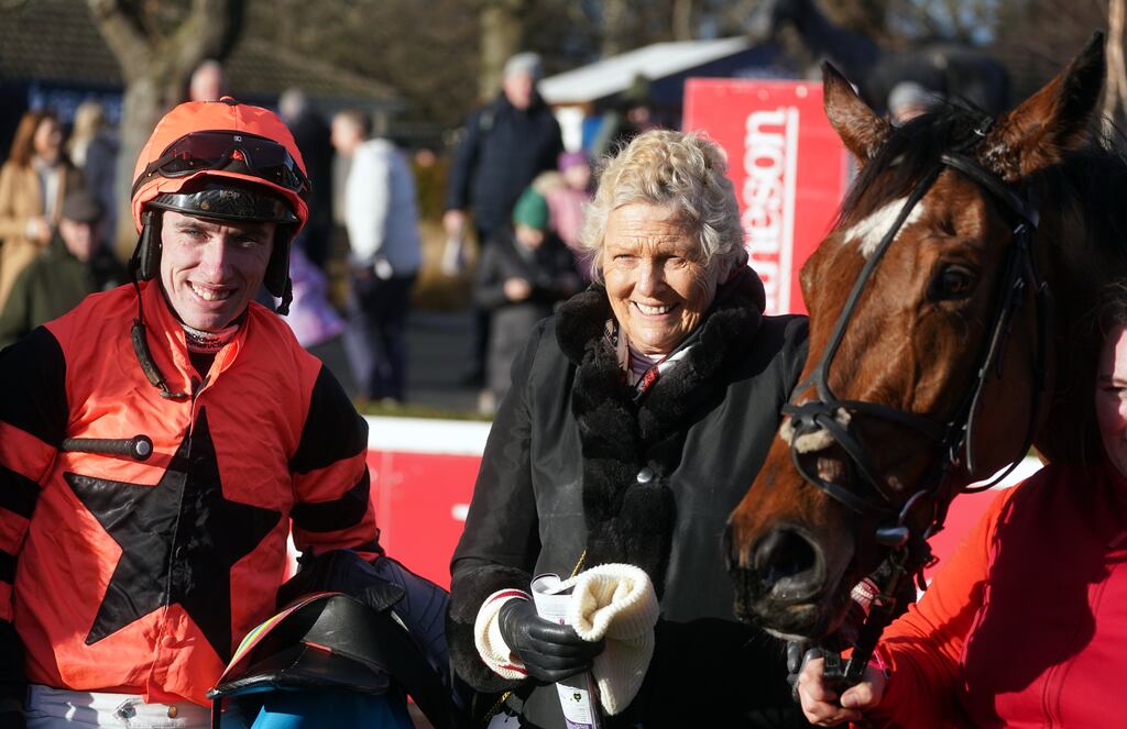 Trainer Jessica Harrington and jockey Jack Kennedy after Jetara won the BeattheBank.ie Irish EBF Mares Hurdle during day four of the Leopardstown Christmas Festival at Leopardstown Racecourse, Dublin. Photograph: Brian Lawless/PA Wire