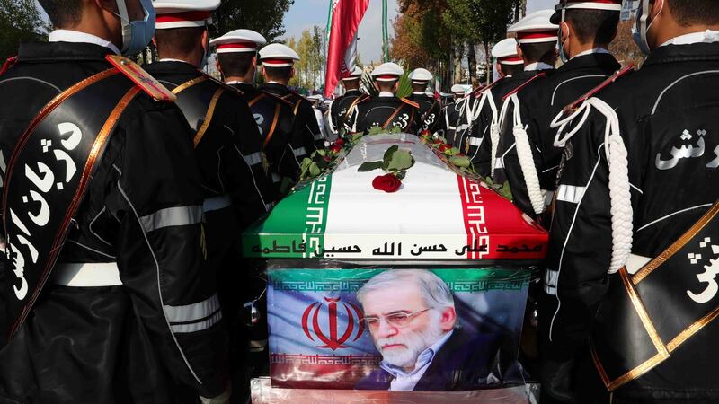 Soldiers carrying the coffin of assassinated Iranian nuclear scientist Mohsen Fakhrizadeh during funeral procession in Tehran on Monday. Photograph: EPA/Defence ministry office handout