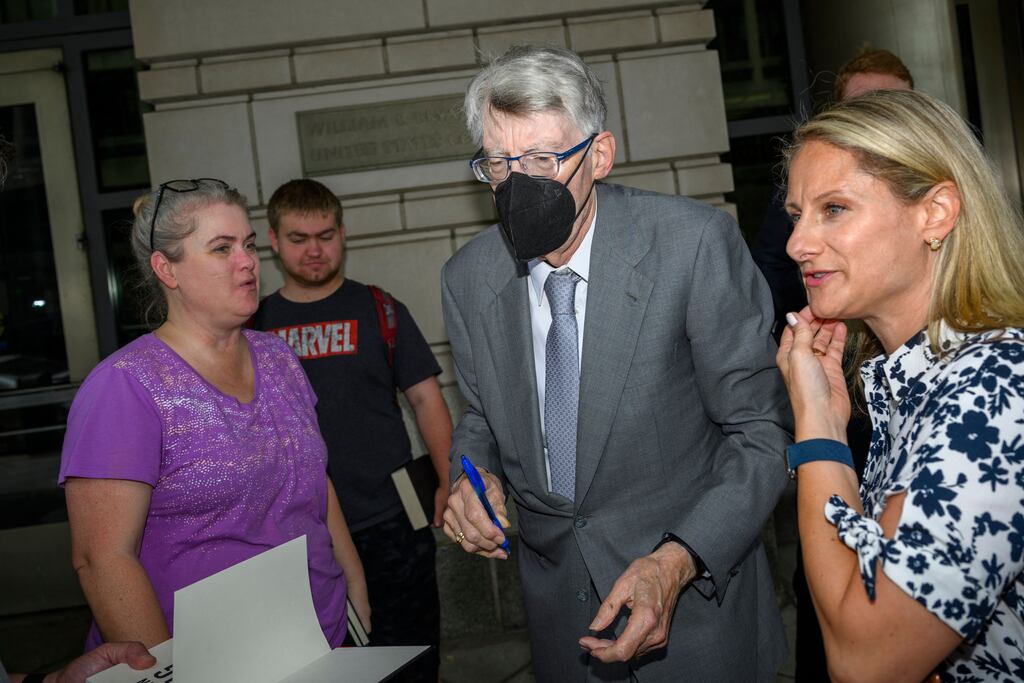 Taking the stand: US author Stephen King signs autographs after giving testimony at a US district court hearing in a publishing merger antitrust case in Washington DC. Photograph: Mandel Ngan/AFP
