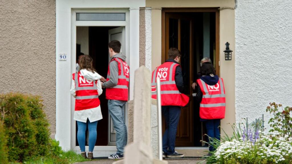 Eighth Amendment: Save the 8th canvassers on Cathedral Road in Cork. Photograph: Daragh Mc Sweeney/Provision