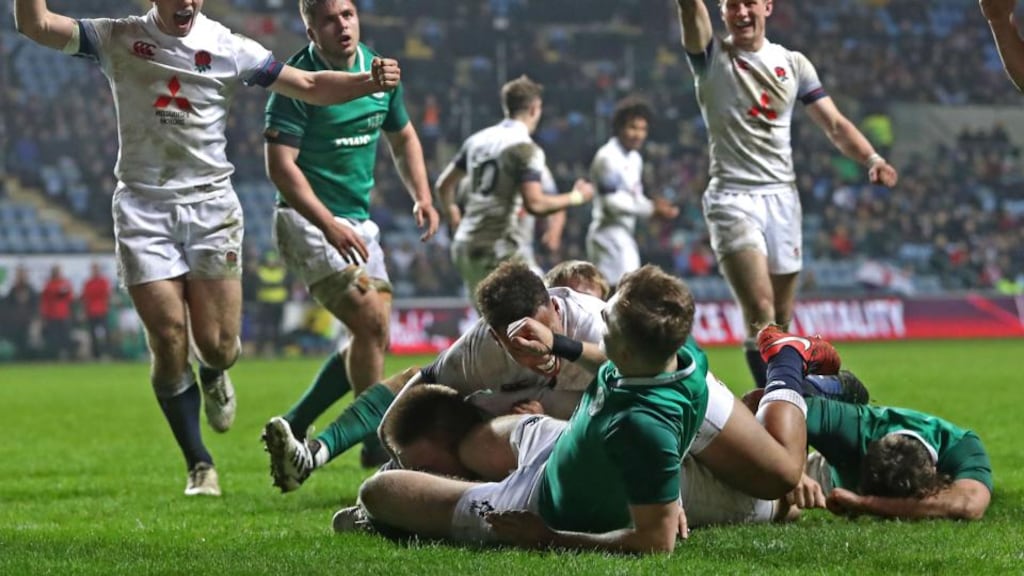 England’s Joe Heyes score a try during the Under-20 Six Nations Championship match against Ireland at the Ricoh Arena in Coventry. Photograph: Tommy Dickson/Inpho