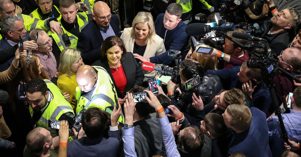 Sinn Fein president Mary Lou McDonald and vice-president Michelle O'Neill arrive at the Dublin election count centre at the RDS in Dublin in 2020. PhotographL: Crispin Rodwell