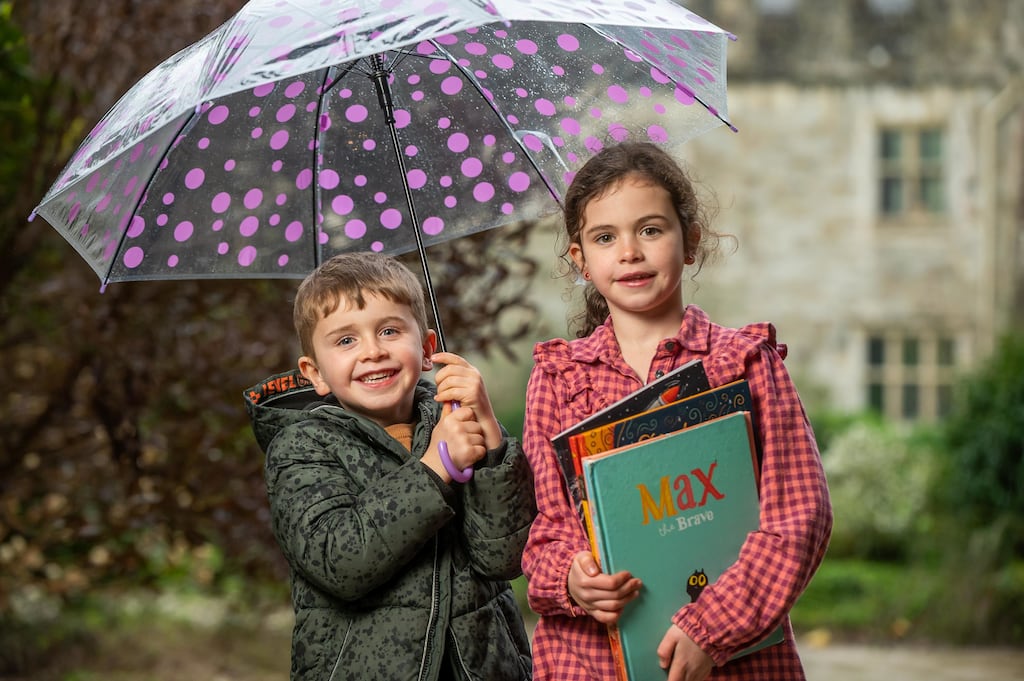 Launching the 2023 Towers and Tales Children's Book Festival at Lismore Castle are Caitlin and Jamie Russell, aged 8 and 5. Photograph: John Allen.