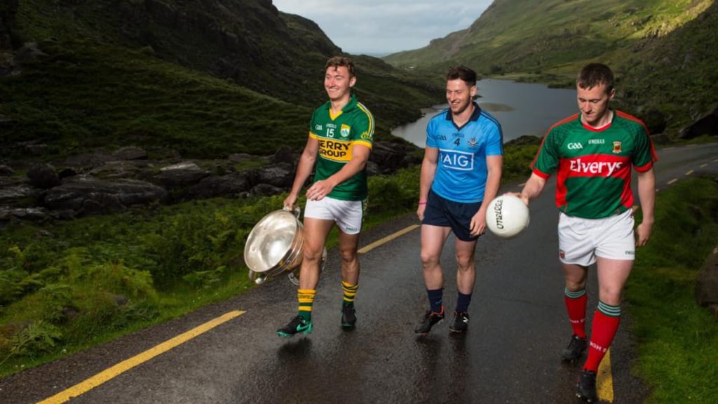 At the launch of the  All-Ireland senior championship series at the Gap of Dunloe  were from left, James O’Donoghue, Kerry, Dublin’s Philly McMahon and Mayo’s Cillian O’Connor.  Photo: Brendan Moran/Sportsfile