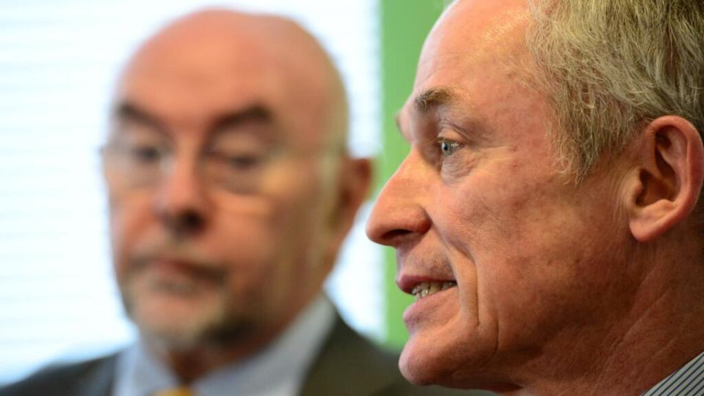 Minister for Education and Skills Ruairi Quinn and Minister for Jobs Richard Bruton at an announcement in Dublin of a plan to provide an extra 2,000 ICT graduates. Photograph: Bryan O'Brien/The Irish Times