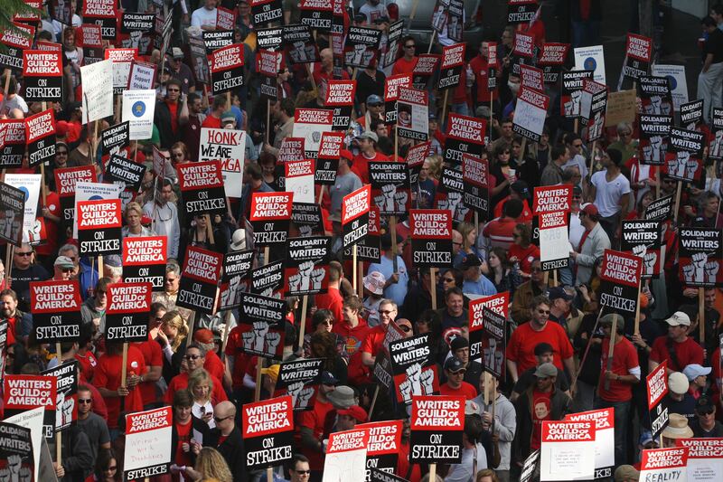 Industrial action: “in a single week, 7,000 Hollywood writers fired their agents, and they ground out their strike for 22 months, until even the worst of the worst rolled over and reformed their practices,” says Rachel Giblin. Photograph: Matthew Simmons/WireImage via Getty